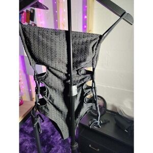 Black Textured Cutout Lace Up One Piece Swimsuit Bodysuit Extra Small